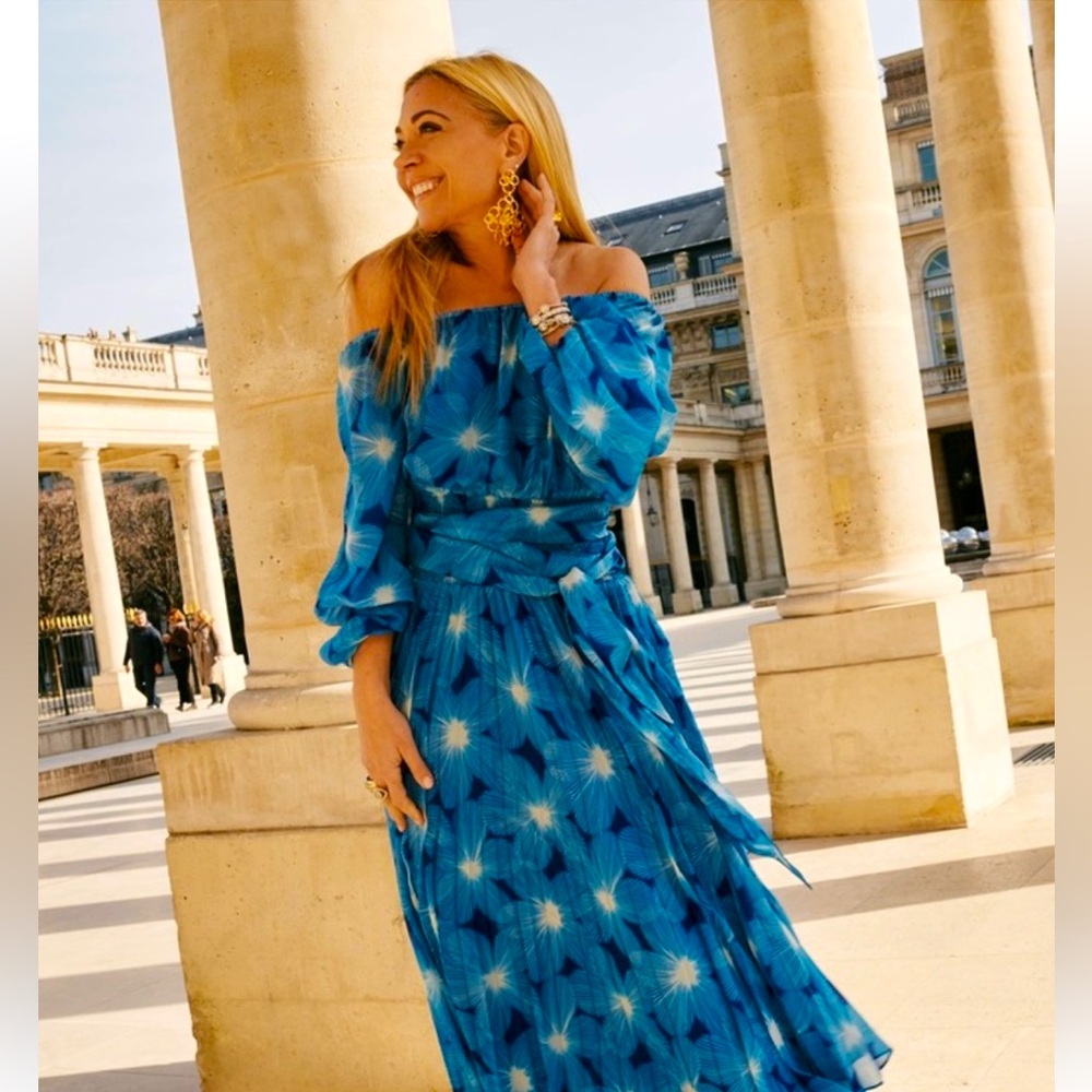 Ramy Brook Blue Pleated Tie Front Maxi Dress off the shoulder .